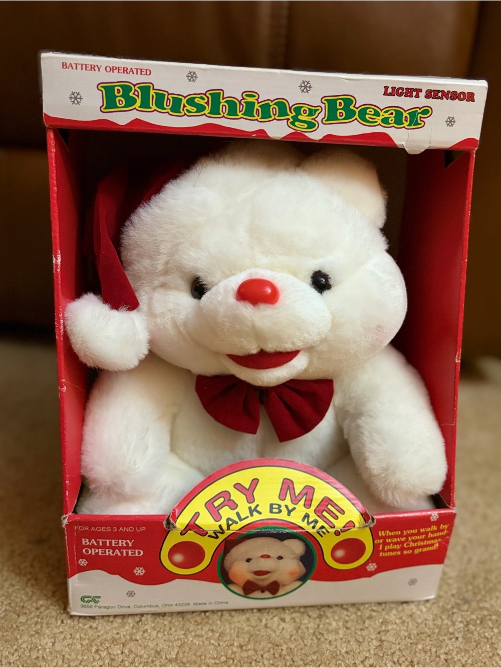 Vintage Blushing Bear Christmas Plush Light Sensor Tested Working w Box No. BR31